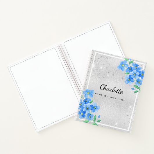 Carnet Script de nom floral bleu argenté (Intérieur)