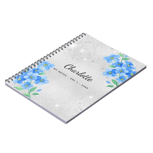 Carnet Script de nom floral bleu argenté (Côté gauche)