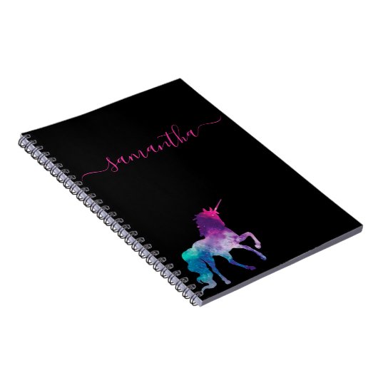 Carnet Script de nom noir violet rose unicorne (Côté Droit)
