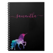 Carnet Script de nom noir violet rose unicorne (Devant)