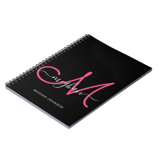 Carnet Script moderne chic noir Hot rose Monogramme (Côté gauche)