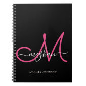 Carnet Script moderne chic noir Hot rose Monogramme (Devant)