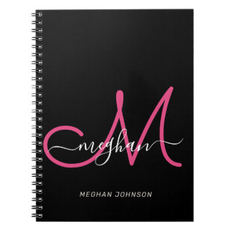 Carnet Script moderne chic noir Hot rose Monogramme