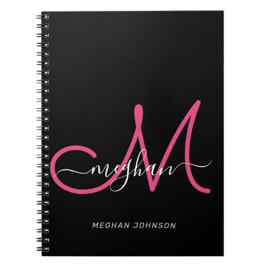 Carnet Script moderne chic noir Hot rose Monogramme (Devant)
