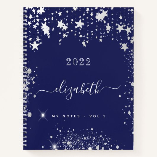 Carnet Script monogramme bleu marine étoiles blanches (Devant)