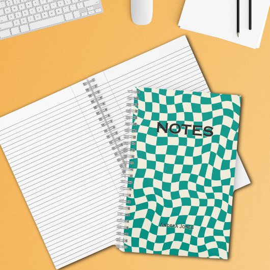 Carnet Sexe Neutral Turquoise Wavy Check Nom Monogrammé