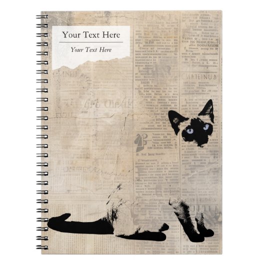 Carnet Siamese Cat on Retro Newspaper, Personalized Name (Devant)