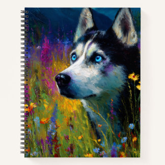 Carnet Siberian Husky with wildflowers