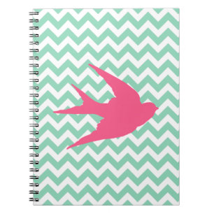 Carnet Silhouette rose d'oiseau sur des rayures de