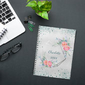 Carnet Silver florals green glitter sparkles name