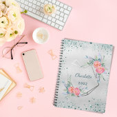 Carnet Silver florals green glitter sparkles name