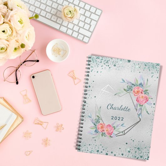 Carnet Silver florals green glitter sparkles name