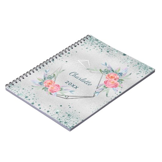 Carnet Silver florals green glitter sparkles name (Côté gauche)