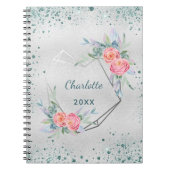 Carnet Silver florals green glitter sparkles name (Devant)