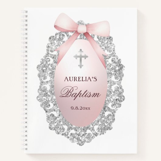 Carnet Silver Glitter Frame Pink Bow Baptism Guest Book (Devant)