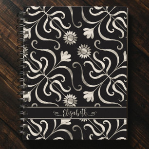 Carnet Silver Pearl Floral Damask Sunflower Classé Noir