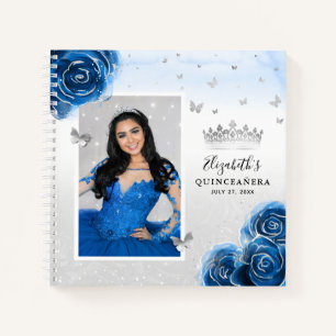 Carnet Silver Royal Blue Roses Photo Quinceanera Guest