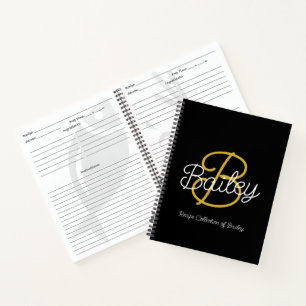 Carnet Simple Black & Gold Retro Script Monogramme Recett