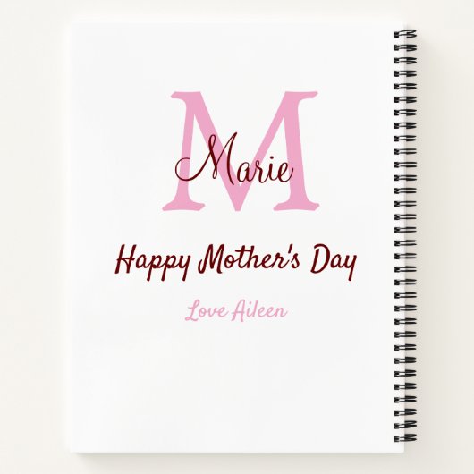 Carnet simple minimum de jour mère monogramme nom rose te (Dos)