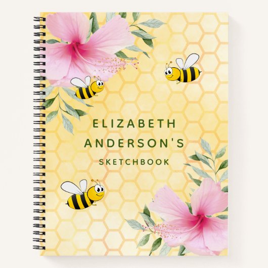 Carnet Sketchbook abeilles jaune nid d'abeille fleurs ros (Devant)