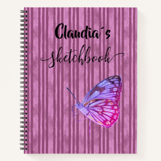 Carnet Sketchbook butterfly on pink stripes add name