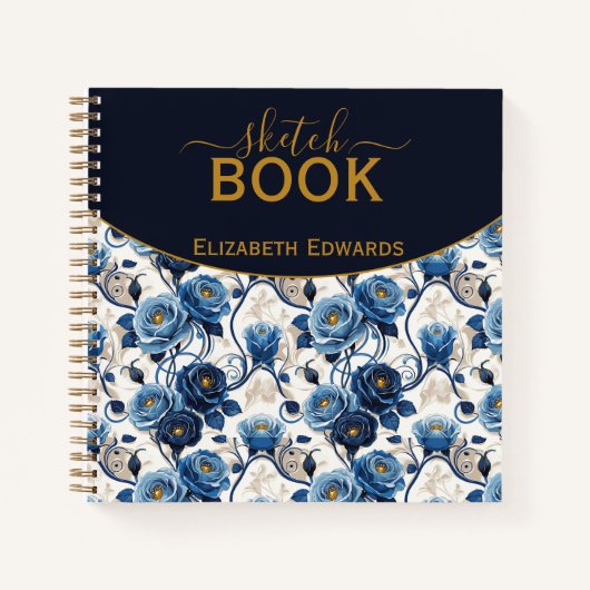 Carnet Sketchbook Elegante Rosas Azules y Oro Personaliza (Devant)