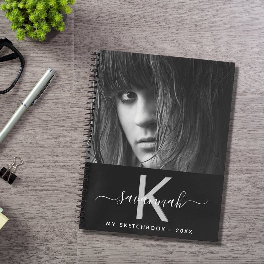 Carnet Sketchbook photo personnalisée noir blanc monogram