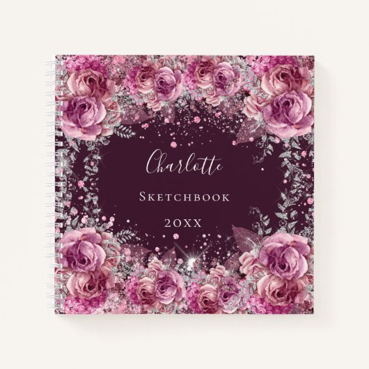 Carnet Sketchbook rose bordeaux fleurs parties scintillan (Devant)