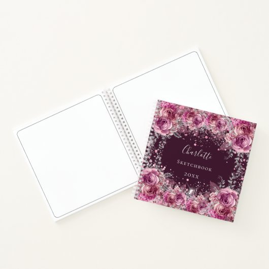 Carnet Sketchbook rose bordeaux fleurs parties scintillan (Intérieur)