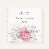 Carnet Sketchbook rose floral argent feuillage blanc (Devant)