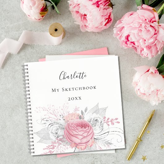 Carnet Sketchbook rose floral argent feuillage blanc