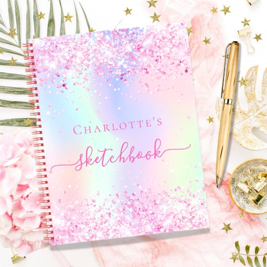 Carnet Sketchbook rose holographique nom de la licorne