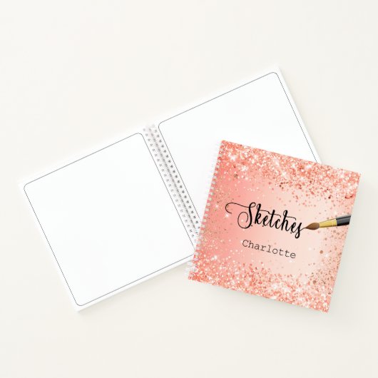 Carnet Sketchbook rose orange or parties scintillant nom (Intérieur)