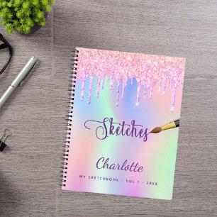 Carnet Sketchbook rose pourpre gouttes holographique