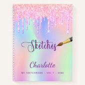 Carnet Sketchbook rose pourpre gouttes holographique (Devant)