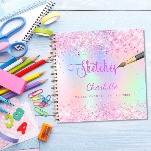 Carnet Sketchbook rose violet parties scintillant hologra