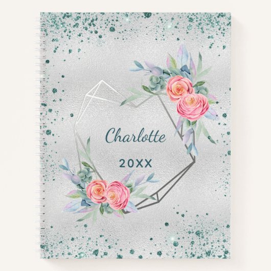 Carnet Sketchbook silver florals green glitter dust name  (Devant)