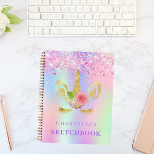 Carnet Sketchbook unicorne face rose violet holographique