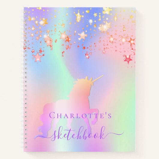 Carnet Sketchbook unicorne rose pourpre iridescente nom (Devant)