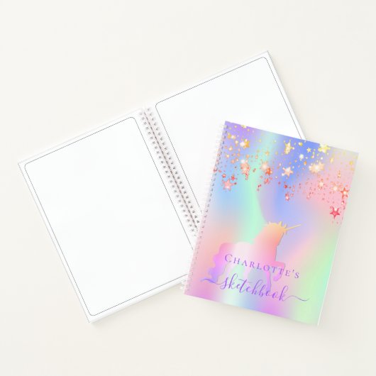 Carnet Sketchbook unicorne rose pourpre iridescente nom (Intérieur)