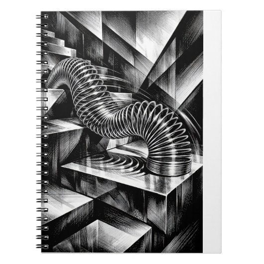Carnet Slinky monochrome dévalant des marches chromées (Devant)