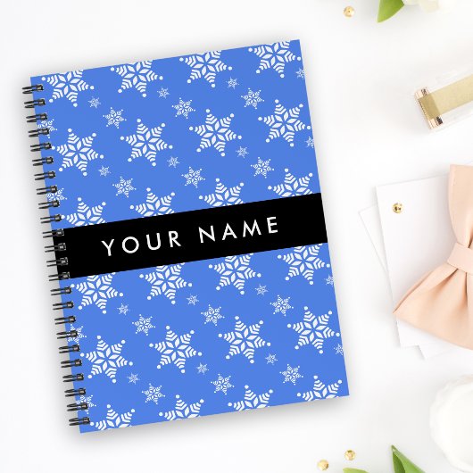 Carnet Snowflakes blanc, Bleu, Votre nom, Personnaliser