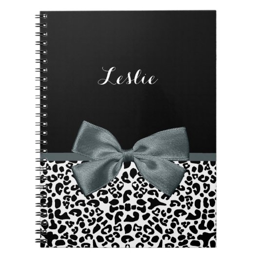 Carnet Sophistiqué Empreinte de léopard Gris Bow avec nom (Devant)