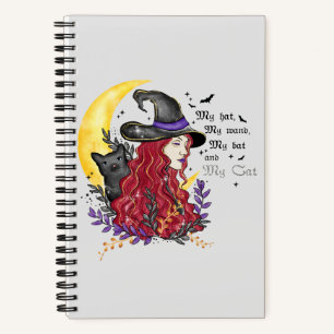 Carnet Sorcière avec chat noir et lune de croissant
