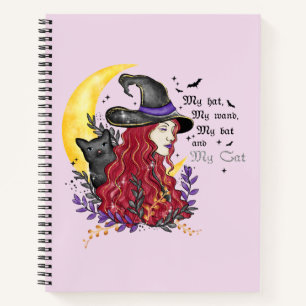 Carnet Sorcière, chat noir et lune de croissant