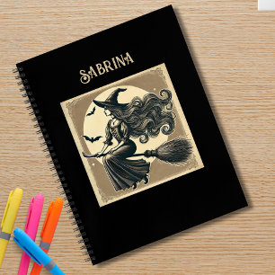 Carnet Sorcière Élégante sur Balai Halloween Vintage Noir
