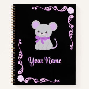 Carnet Souris grise mignonne Arc violet Cadre floral fonc