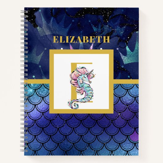 Carnet Sous la mer avec Seahorse Unicorn Ajouter initial (Devant)