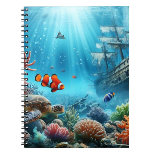 Carnet Sous la mer, tortue, corail, bateau, poisson clown (Devant)