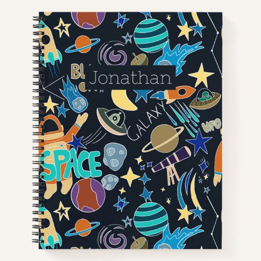 Carnet Space Rocket Planètes Étoiles Doodles Personnalisé (Devant)